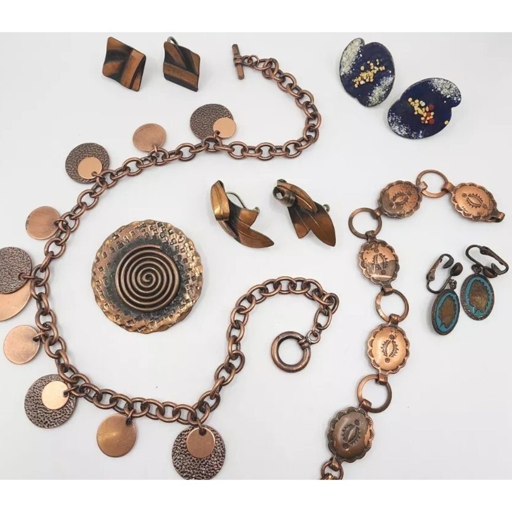 Vintage Copper Costume Jewelry Lot Retro Western Modernist Enamel Boho Artisan